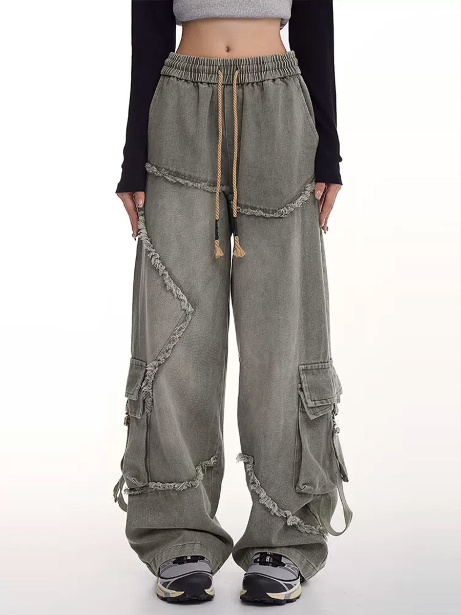 Drawstring Waist Denim Solid Color Star Worn Loose Jeans