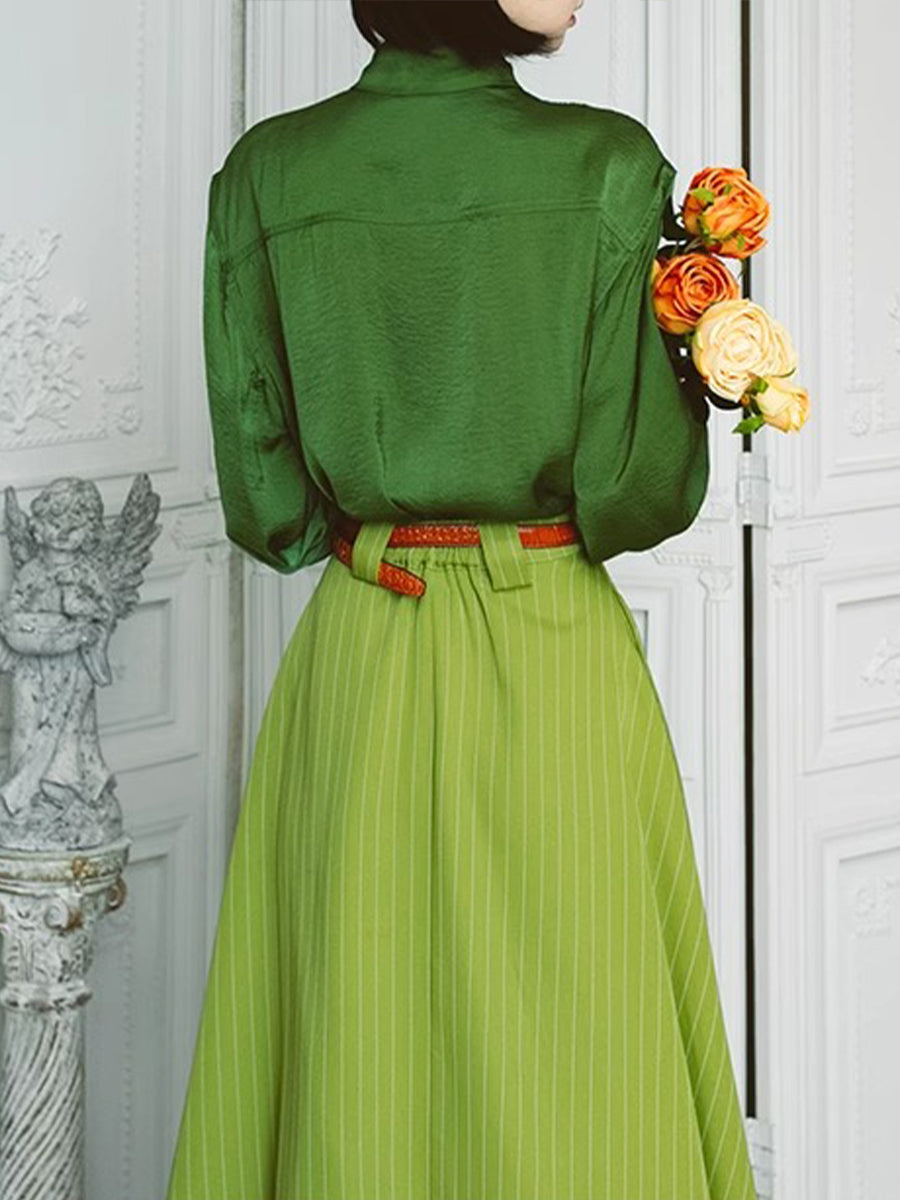 Women's Classy Fall/Winter Green Line Long Skirt with Belt