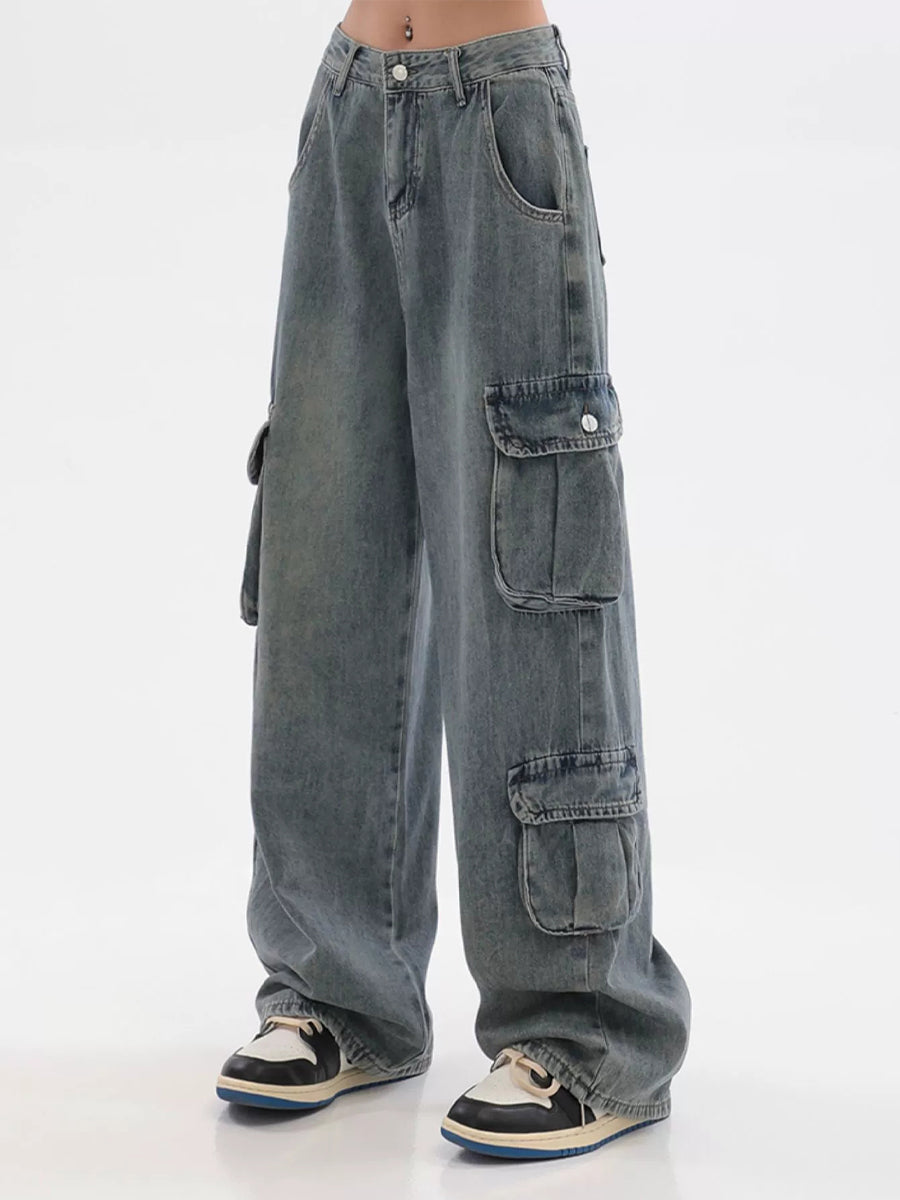 Vintage Light Blue Irregular Loose Cargo Jeans