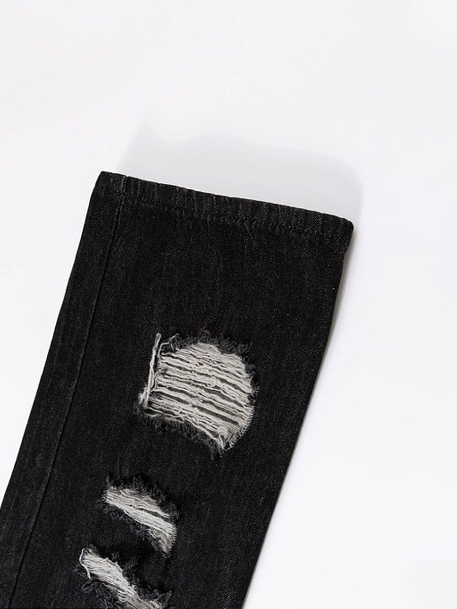 Black Ripped Straight Leg Casual Denim Jeans