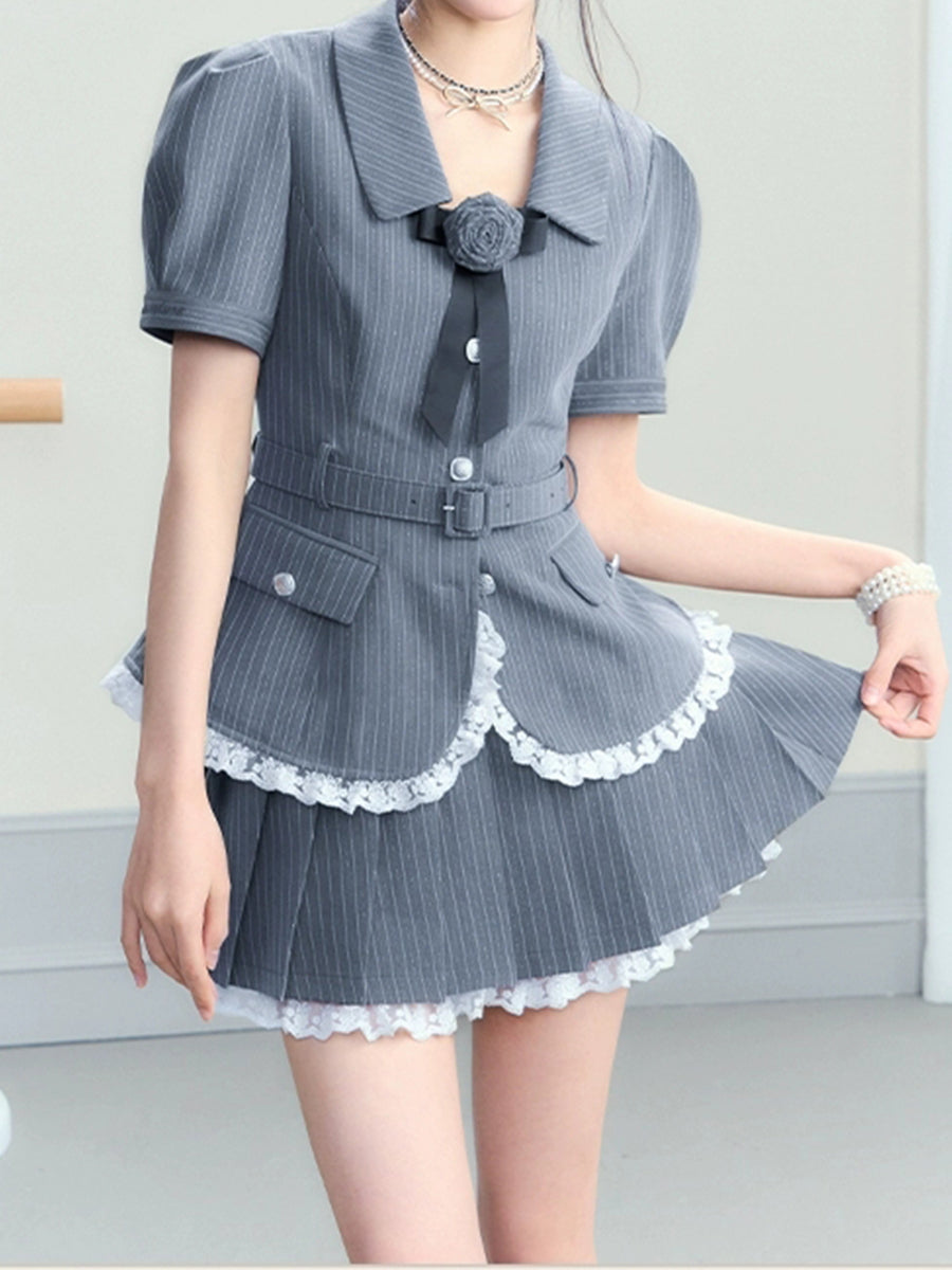 Striped Gray Top + Pleated Skirt with Tie Set