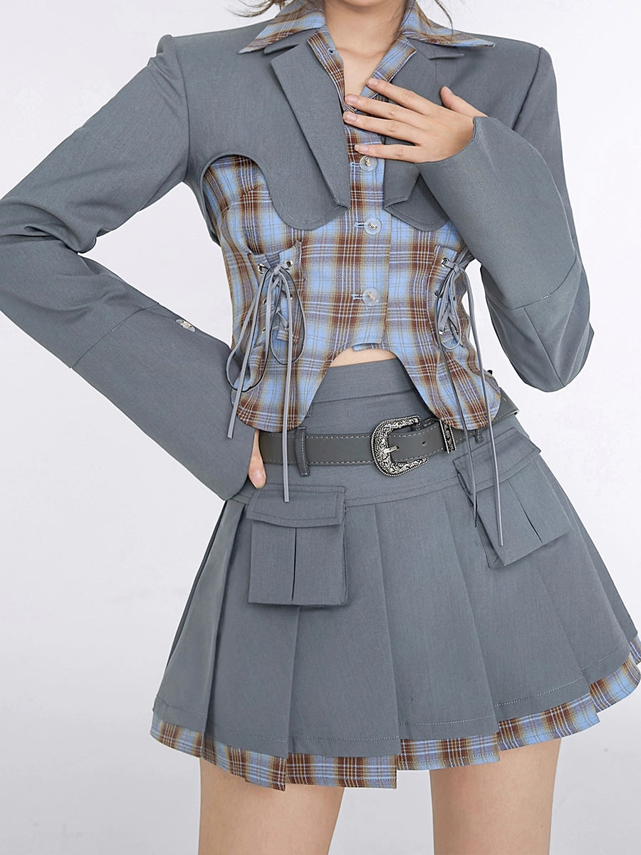 Fake Two Piece Suit Shirt Top + Pleated Skirt Set