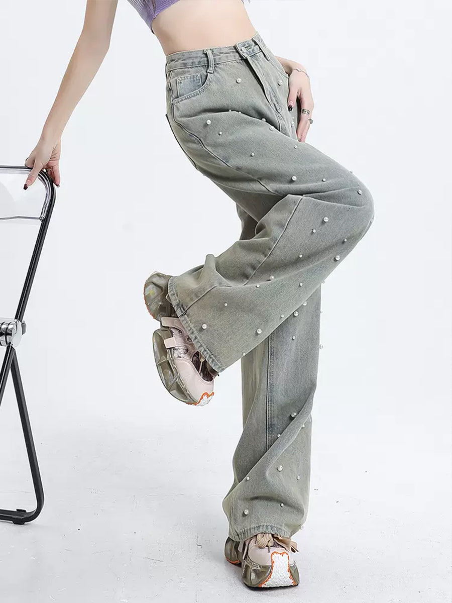Grey Faux Pearl Studded Straight Jeans
