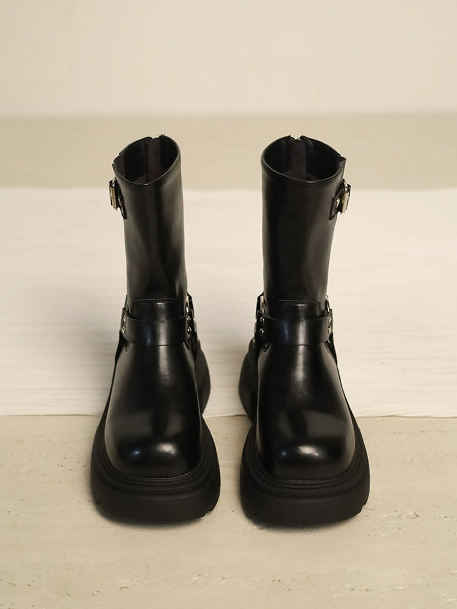 Women's Western Buckle Straps Chunky Heeled Side Zip Boots