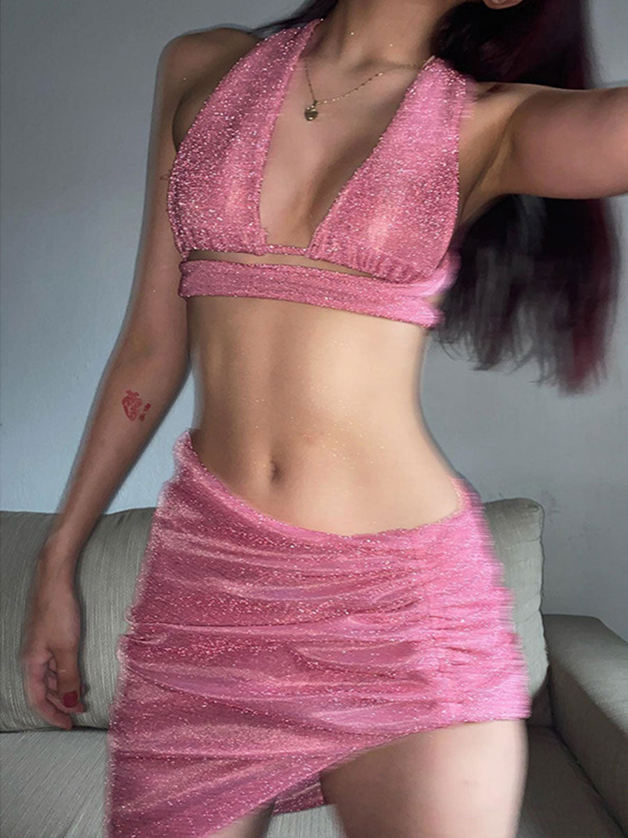 Halter Lace-up Top Skirt Set