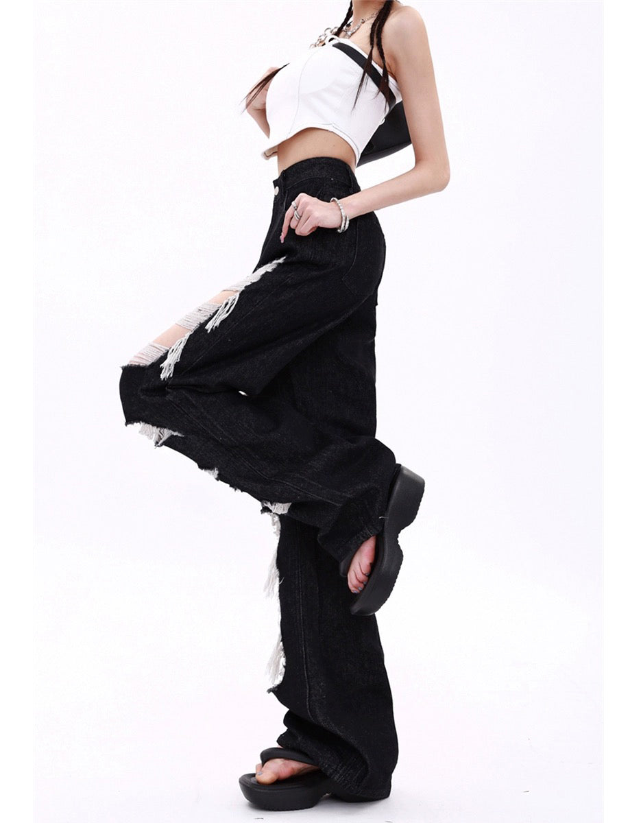 High-Waisted Baggy Wide-Leg Ripped Jeans
