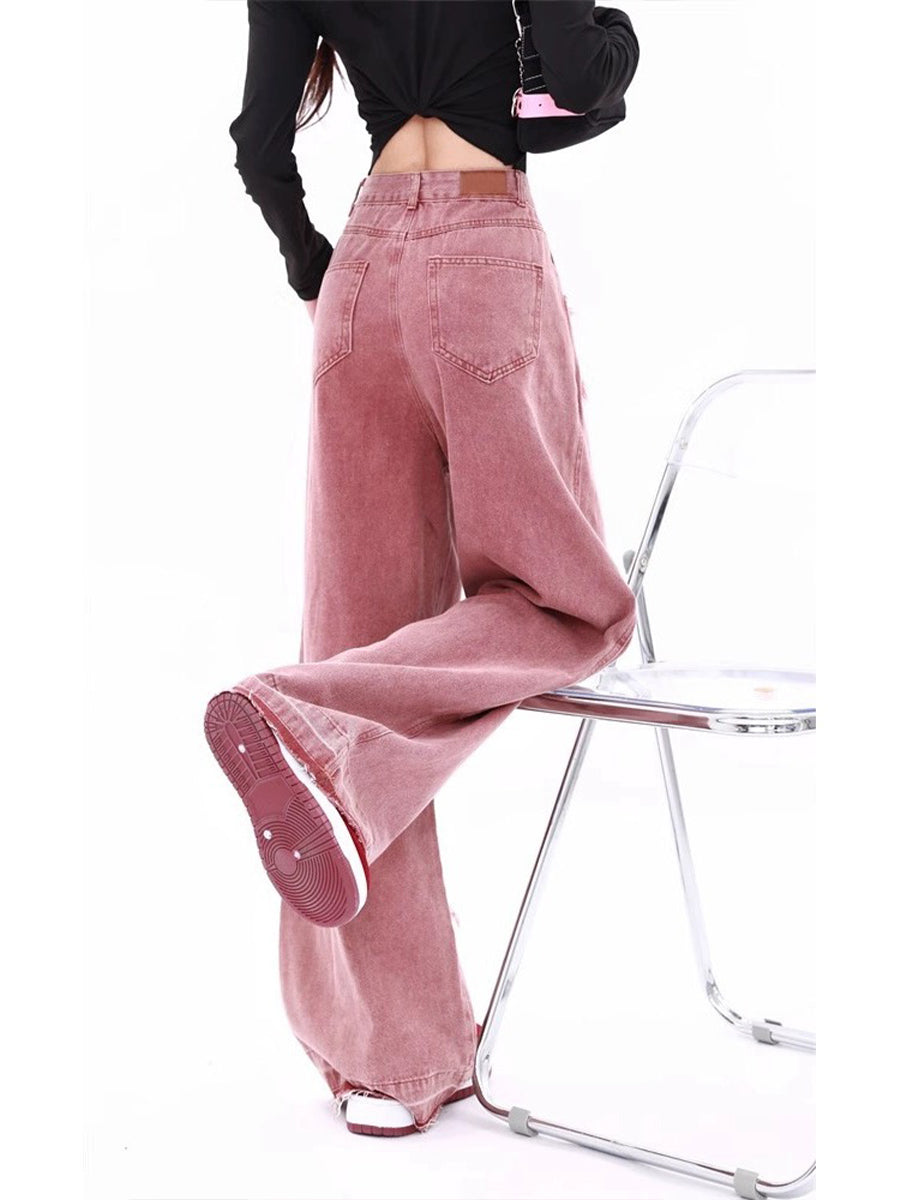 Pink Stars Raw Hem Loose Fit Denim Jeans