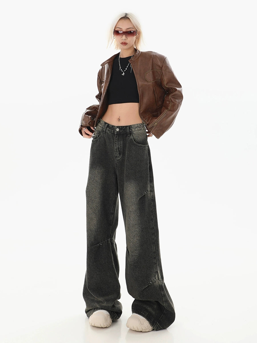 Black Denim Straight Leg Loose Jeans