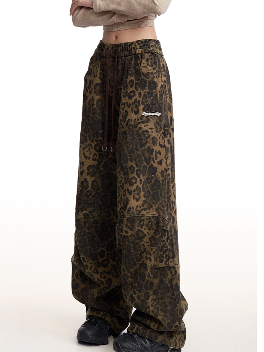 Leopard Print Hip Hop Loose Straight Elastic Banded Waist Wide Leg Pants