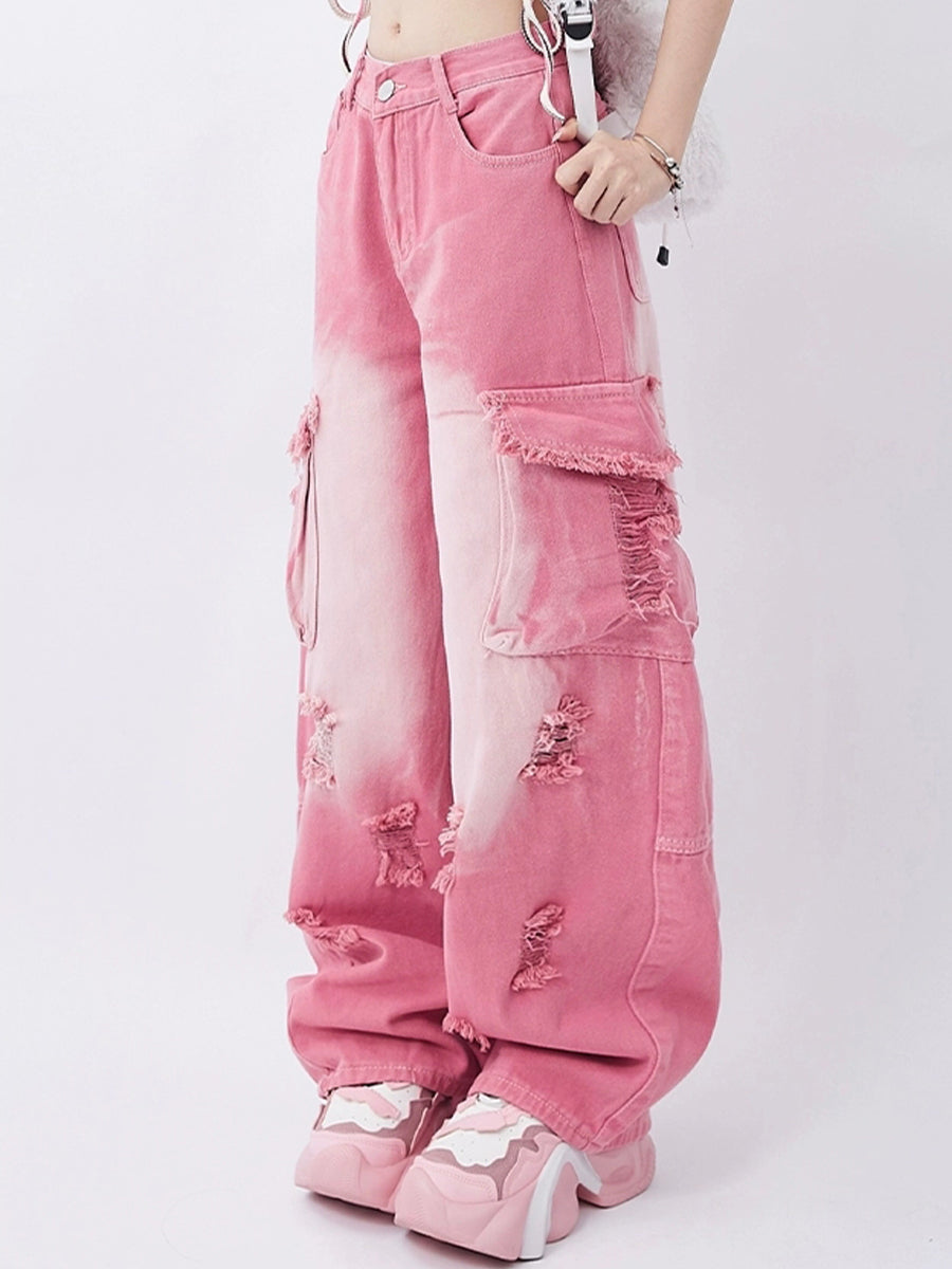 Pink Loose Long Jeans Pants