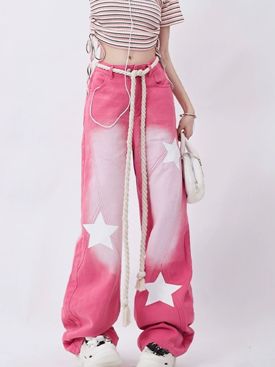 Y2K Pink Loose White Stars Print Jeans with Belted Rope