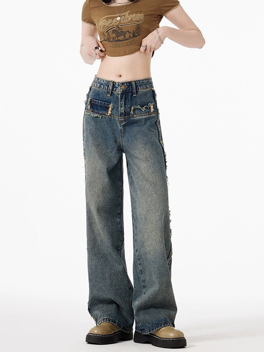 Irregular Pocket Loose Raw Trim Blue Jeans