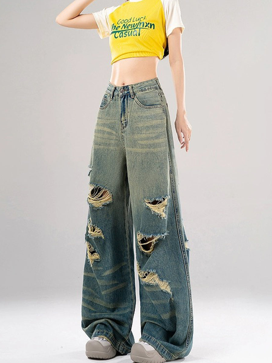 High Waisted Loose Distressed Ripped Denim Jeans