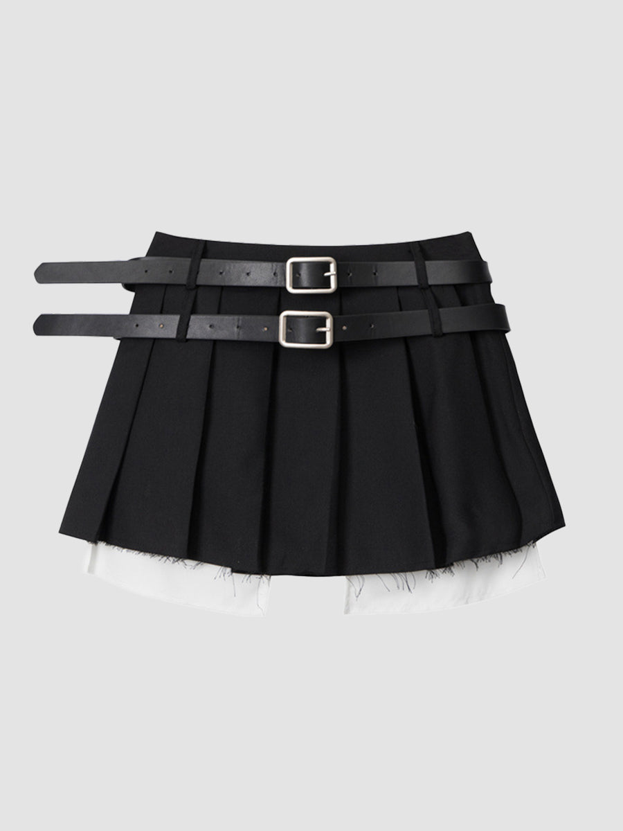 Fake Two Piece Belt Pleated Skirt