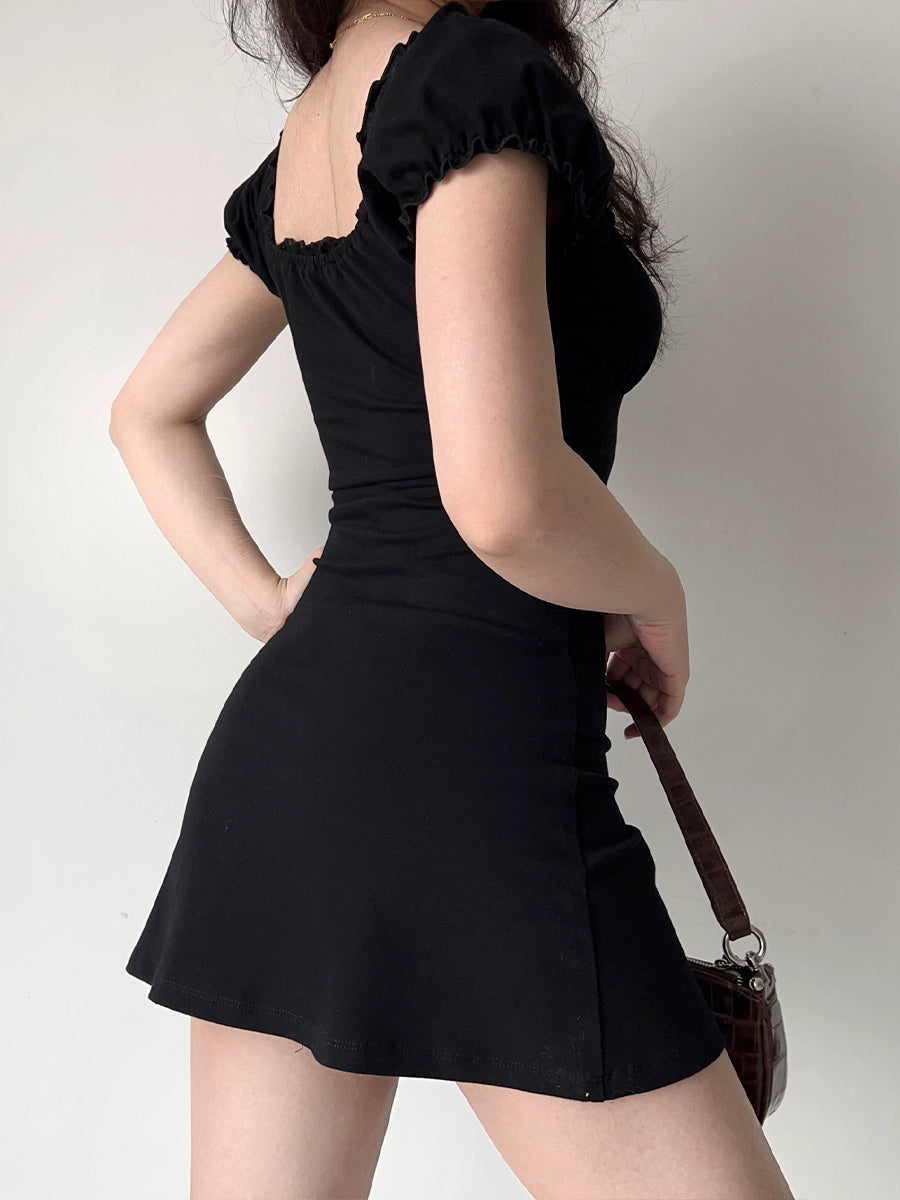 Hollow Lace Up Bubble Sleeve Black Dress
