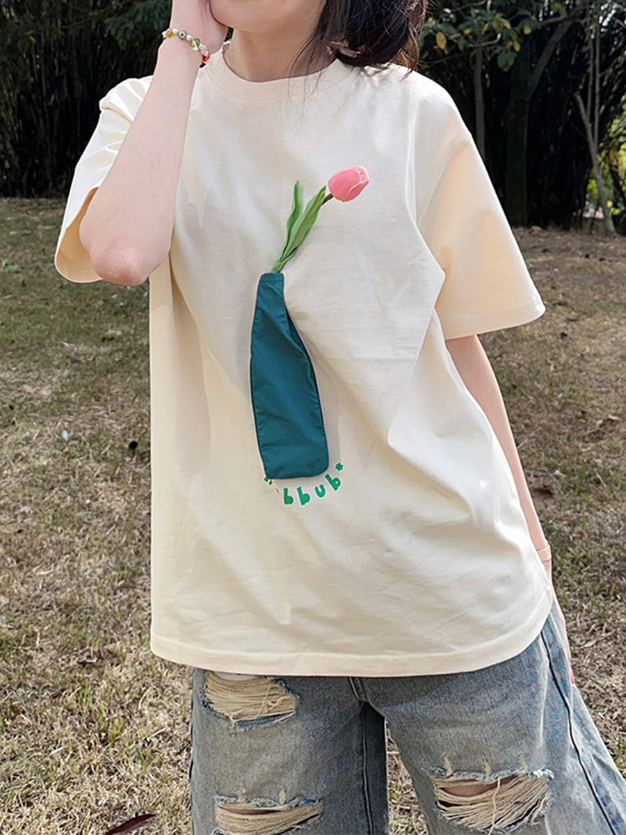 Tulip Print Oversize Short Sleeve Top
