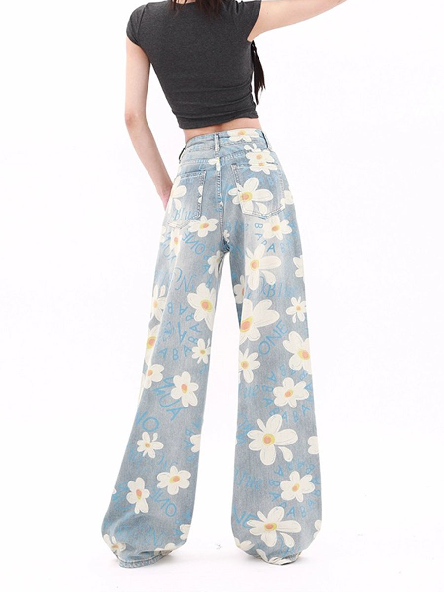 Daisy Printed Loose Fit Denim Jeans