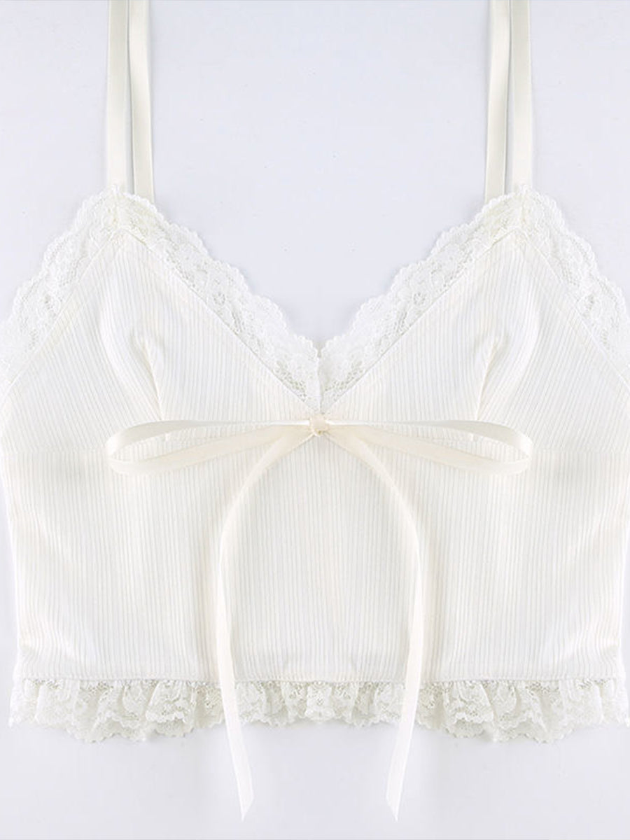 Lace Patchwork Bow Tie Crop Top