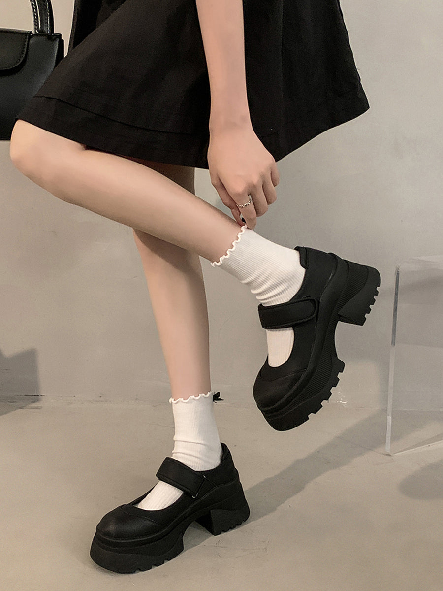 Velcro Nylon Mary Jane Chunky Pumps Shoes(No Socks)