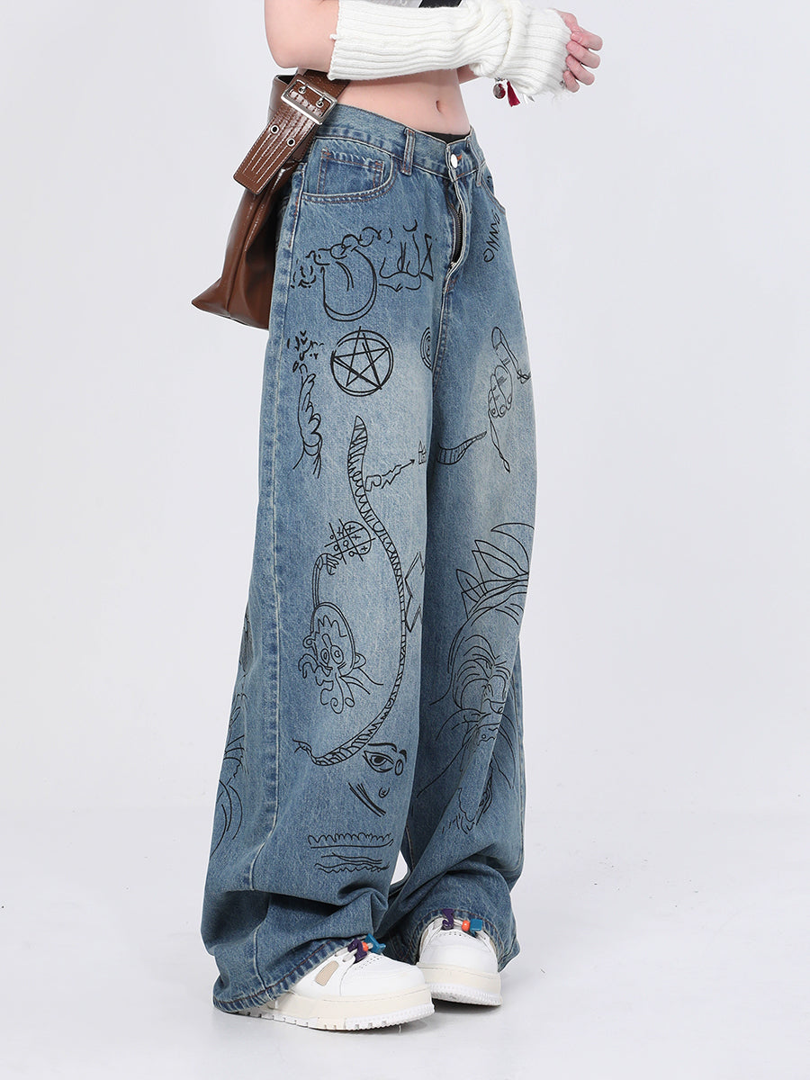 Vintage Loose Black Graffiti Print Casual Jeans