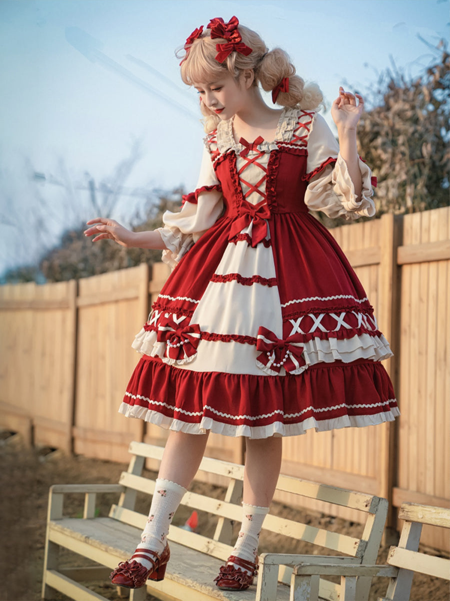 Girls Lolita Princess Dress Kawaii Long Sleeve Cute Layered Cake Dress