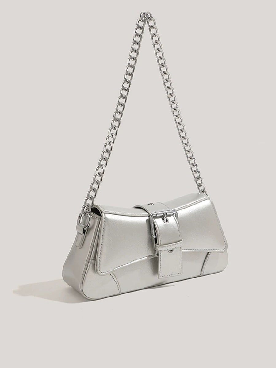 Solid Color Patent Leather Chain Baguette Bag