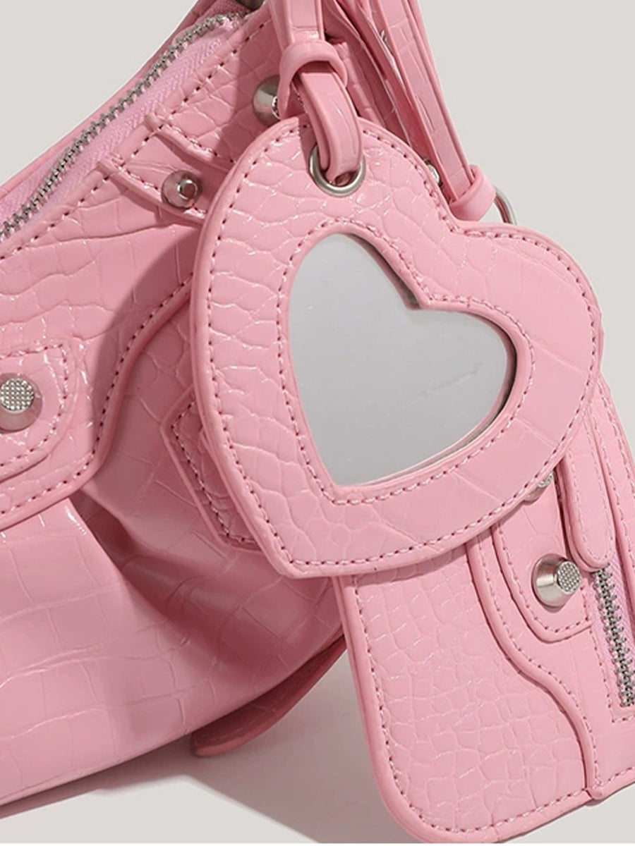 Pink Leather Croissant Bag with Mirror and Pouch