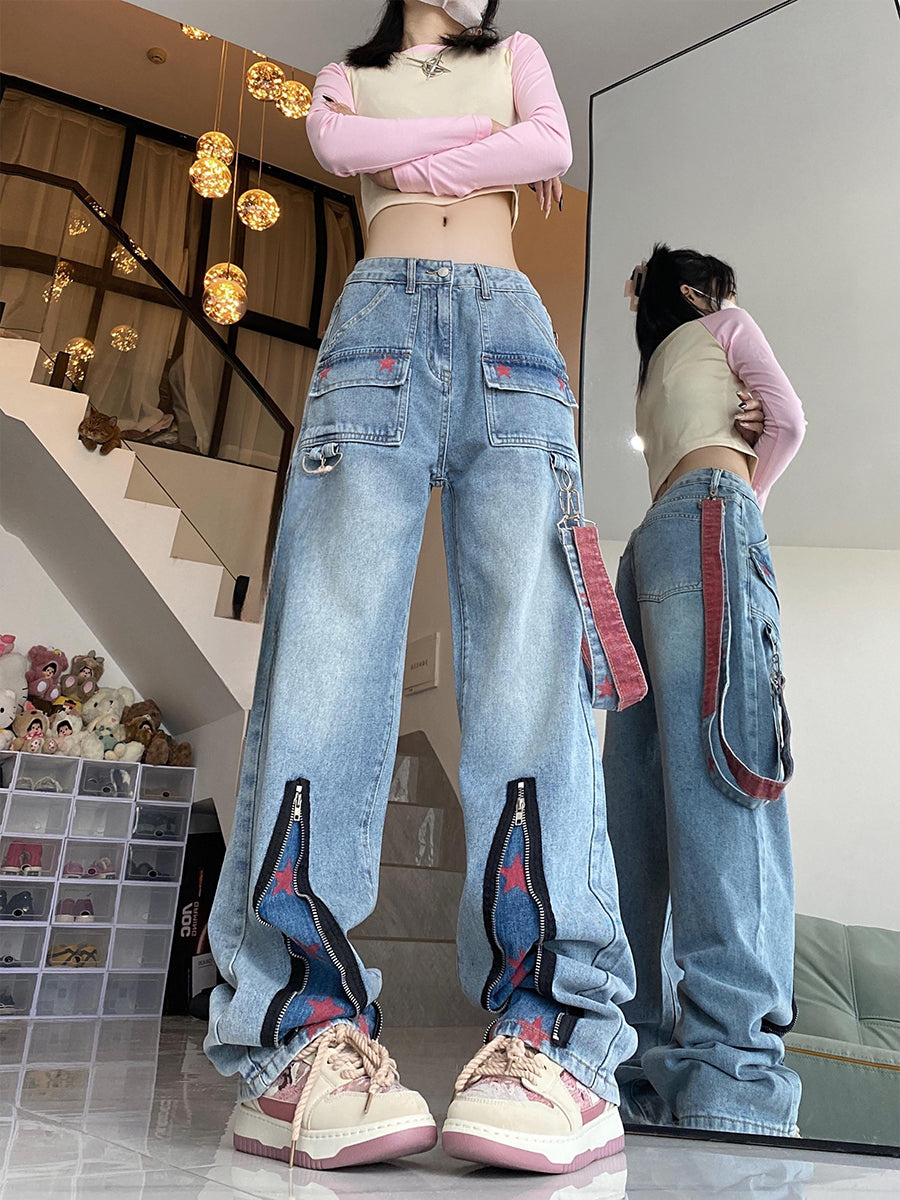 Zipper Hem Blue Denim Jeans