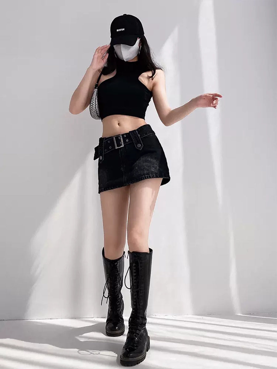 Midi Neck Solid Color Strapless Top