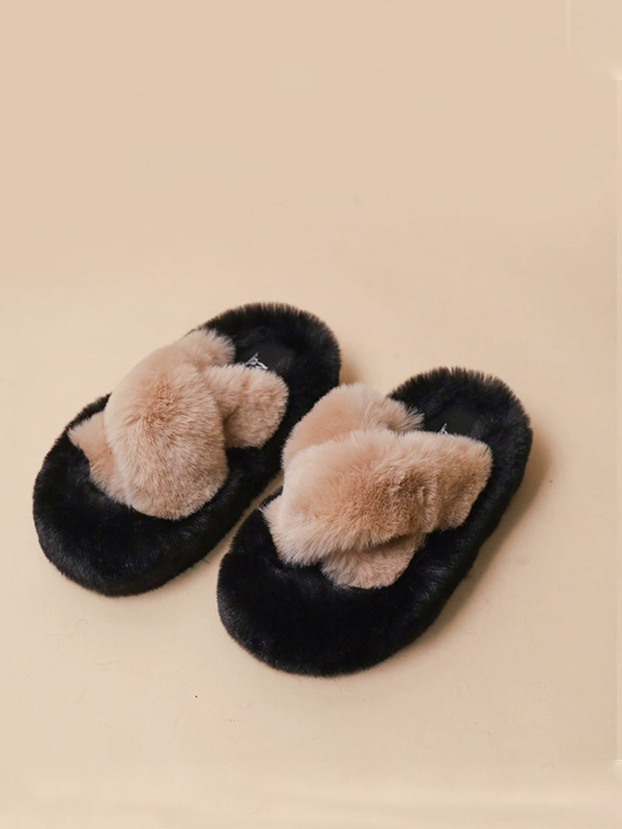 Criss Cross Straps Casual Indoors Slippers Fluffy Faux Fuzzy Fur Slides