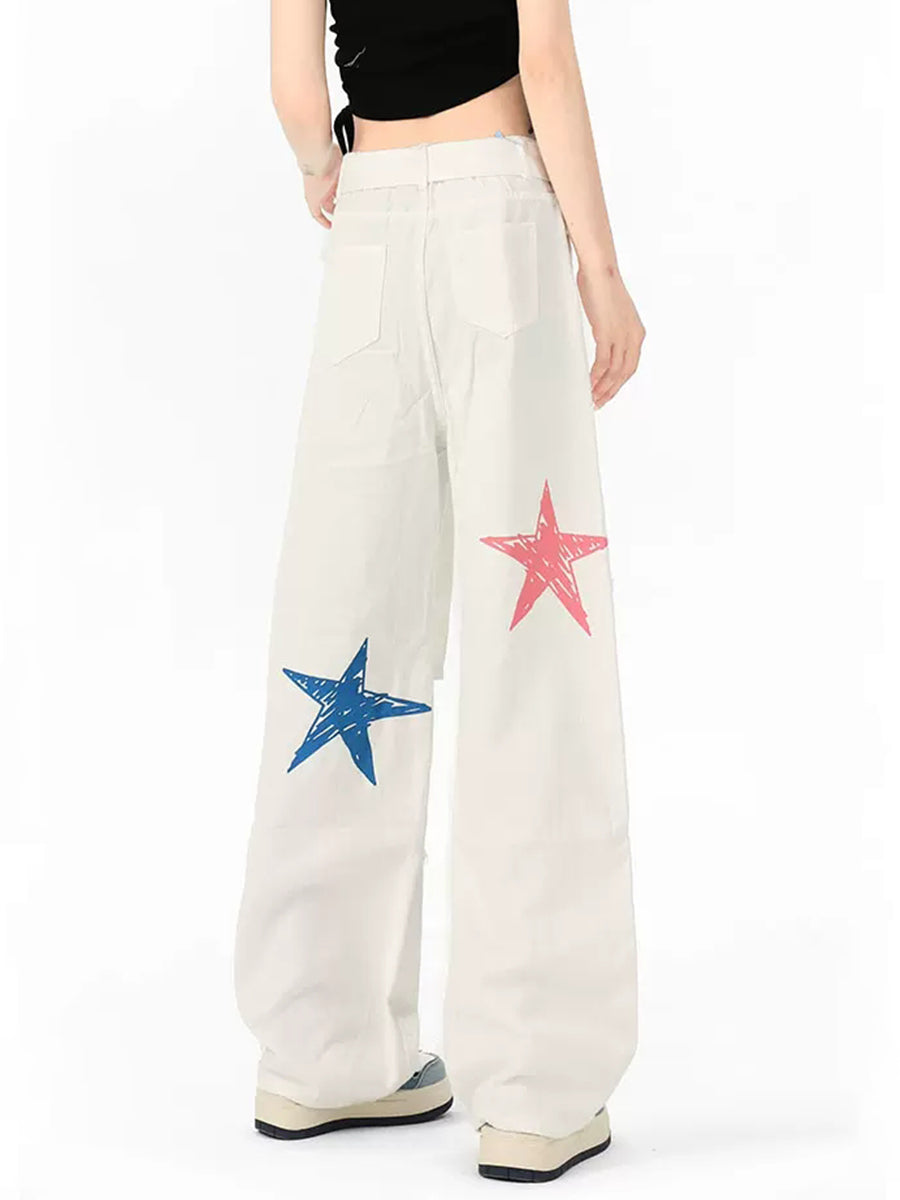 Pentagram Butterfly Print Denim Loose Pants