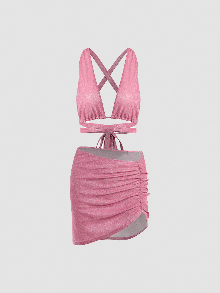 Halter Lace-up Top Skirt Set