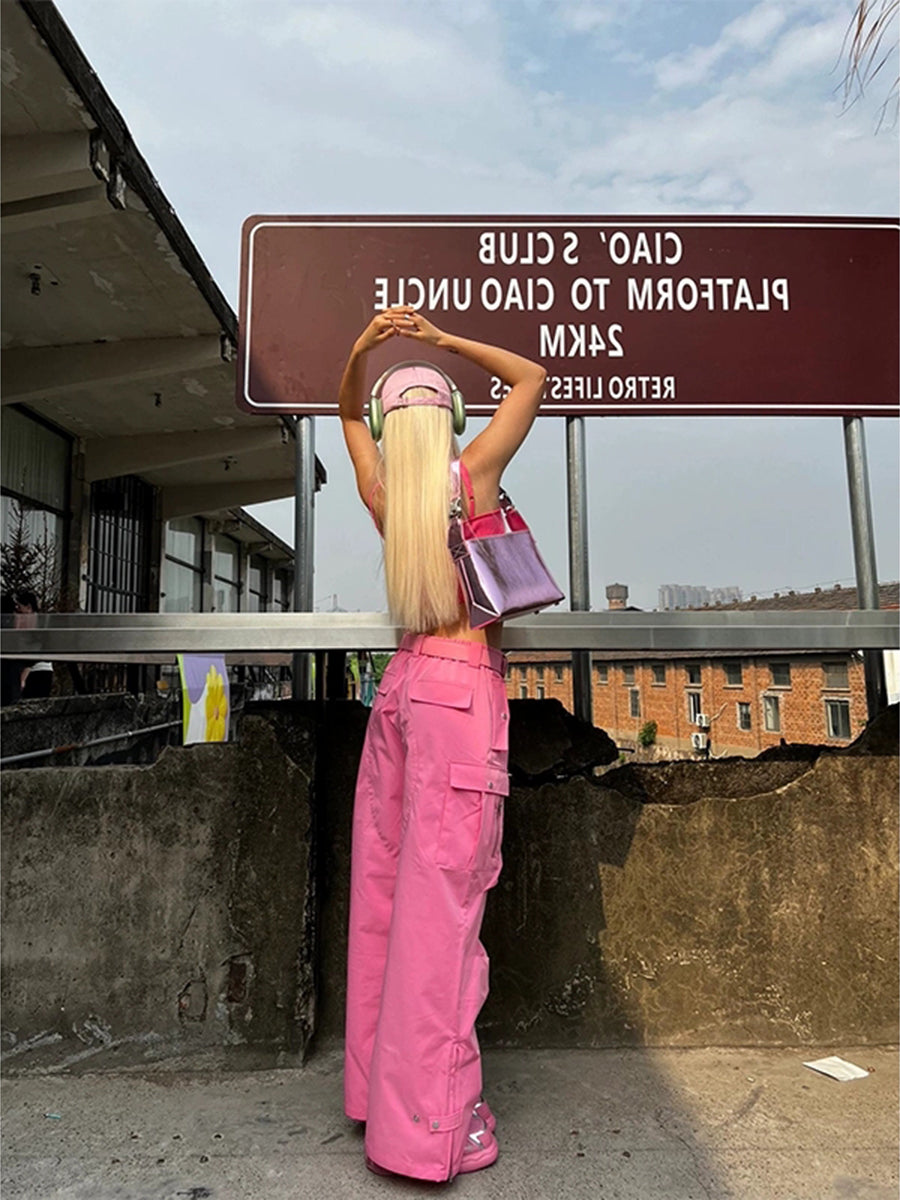 Pink Pockets Casual Loose Pants