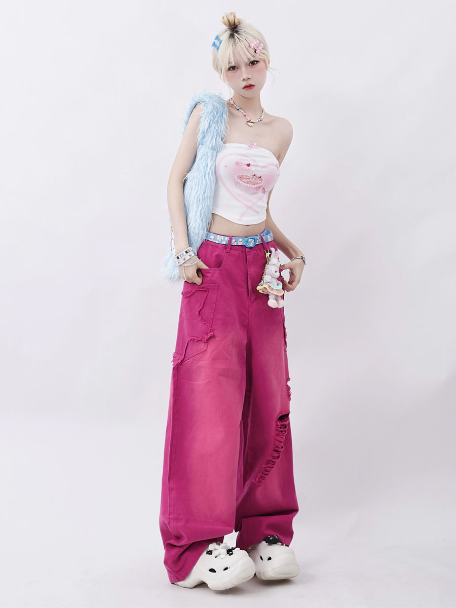 Pink Ripped Loose Fit Denim Jeans