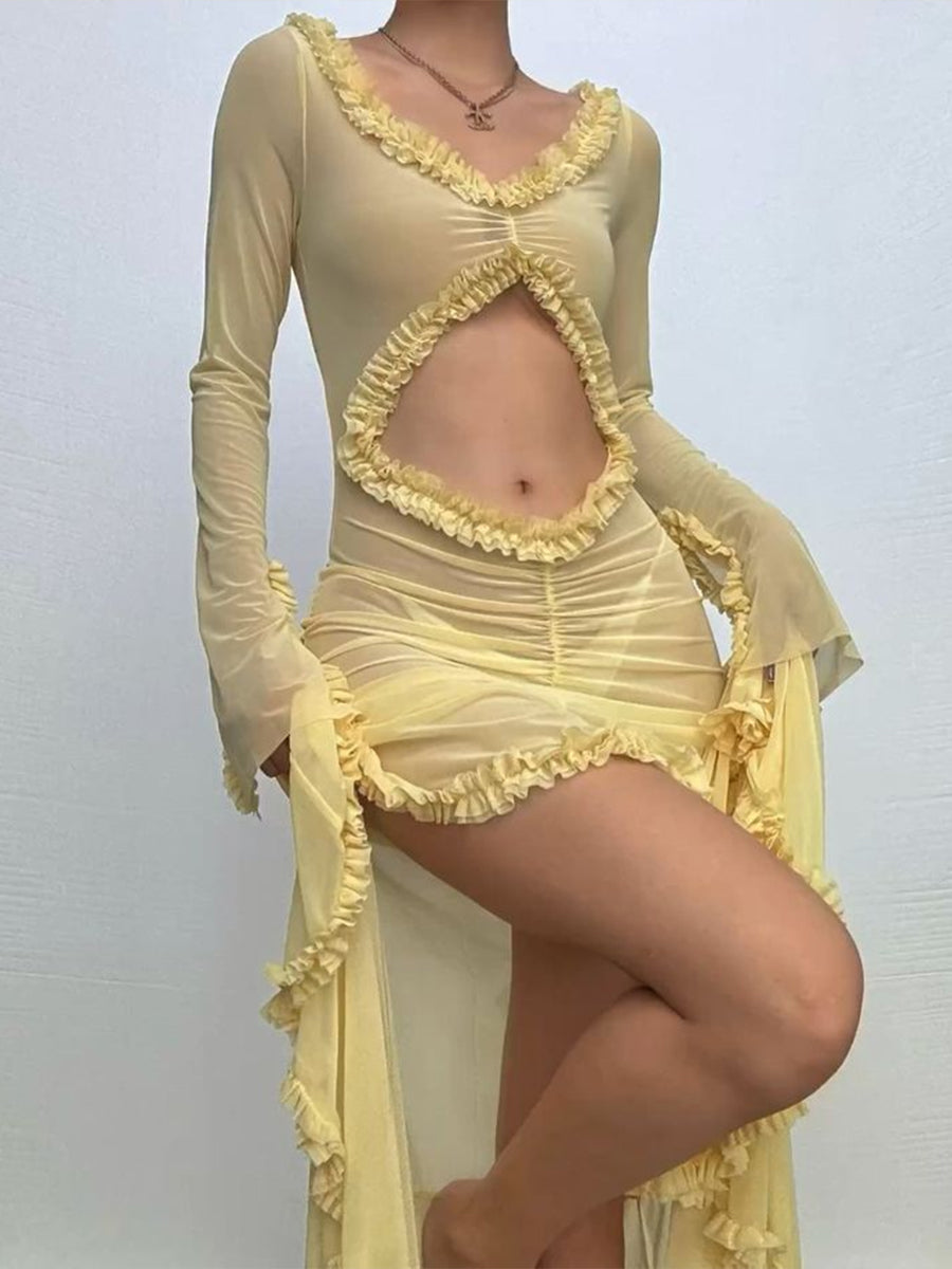 Solid Colored Knitted Hollow Out Long Chiffon Pleated Ruffle Hem Bodycon Dress