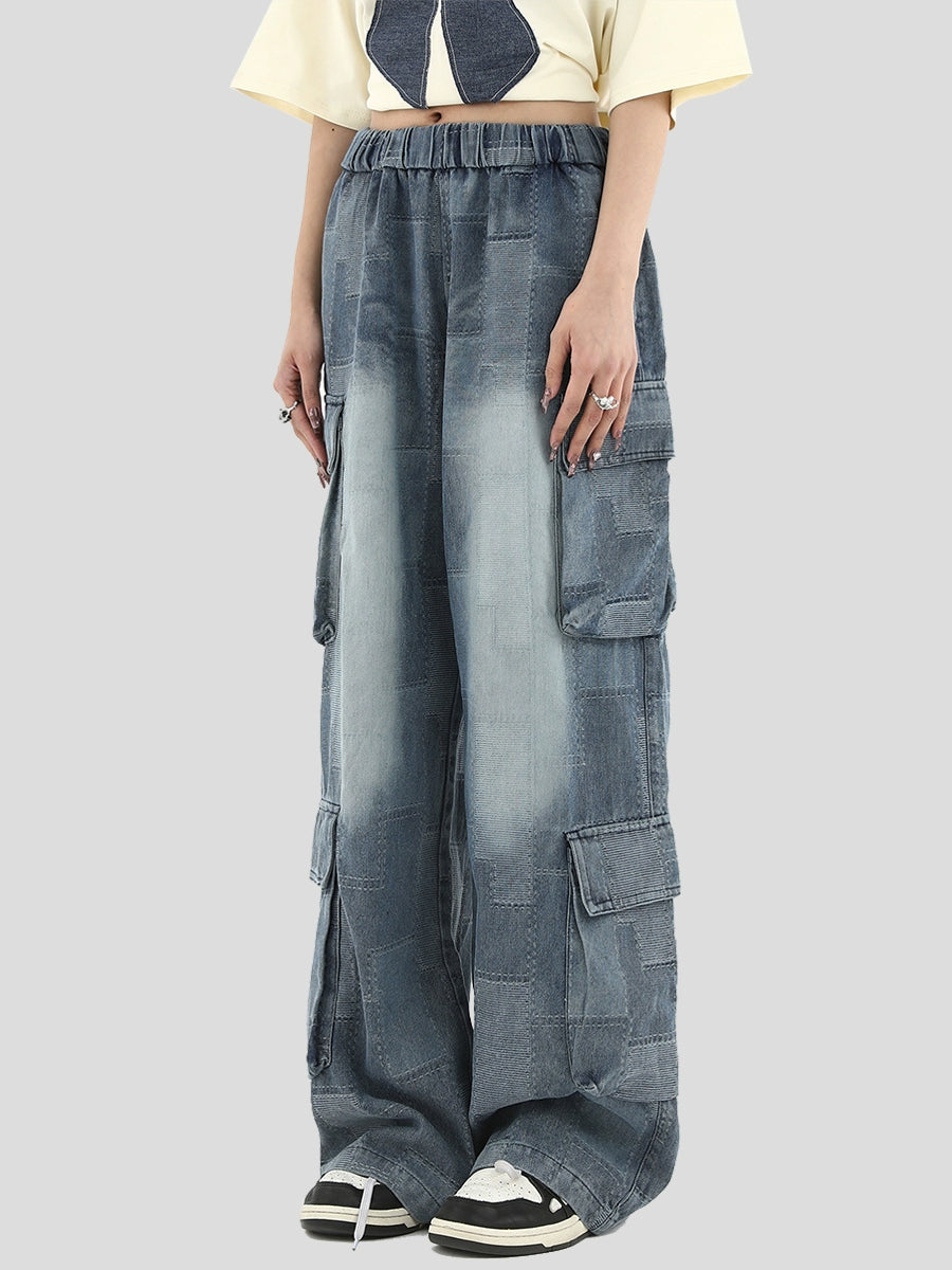 Street Blue Multi Pocket Loose Plaid Casual Jeans