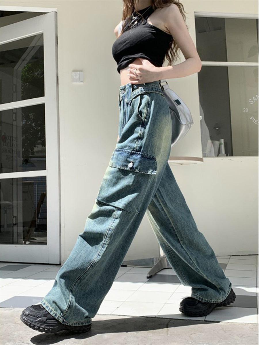 Street Vintage Loose Straight Leg Denim Wide Leg Blue Jeans Pants