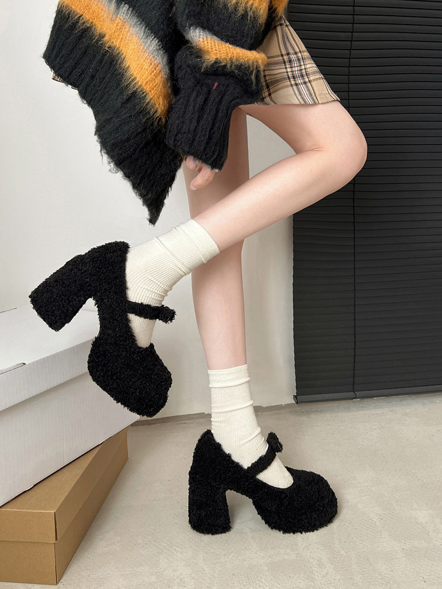 Fluffy Ankle Strap Chunky Heels Mary Jane Shoes