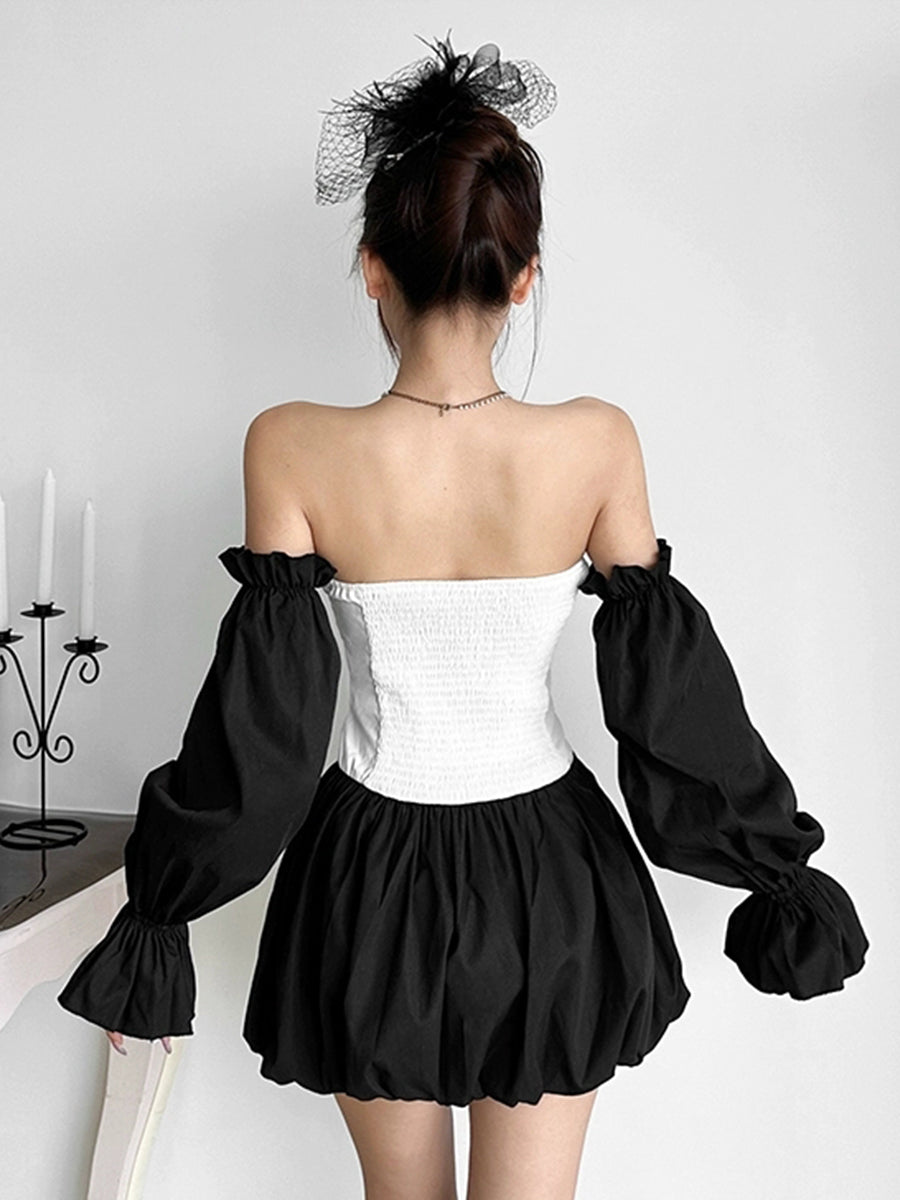 Black and White Patchwork Fluffy Hem Bow Long Sleeve Dress