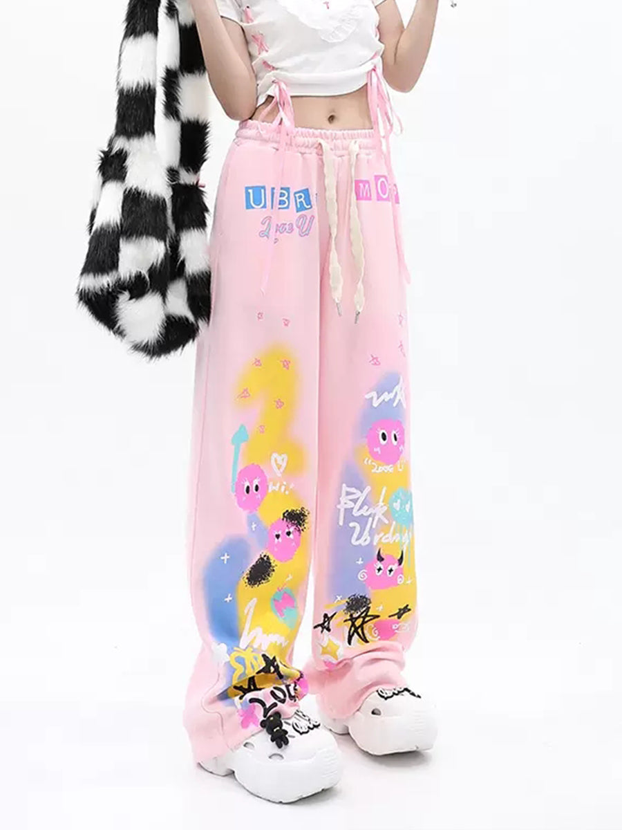 Cute Cartoon Loose Fit Cotton Jeans
