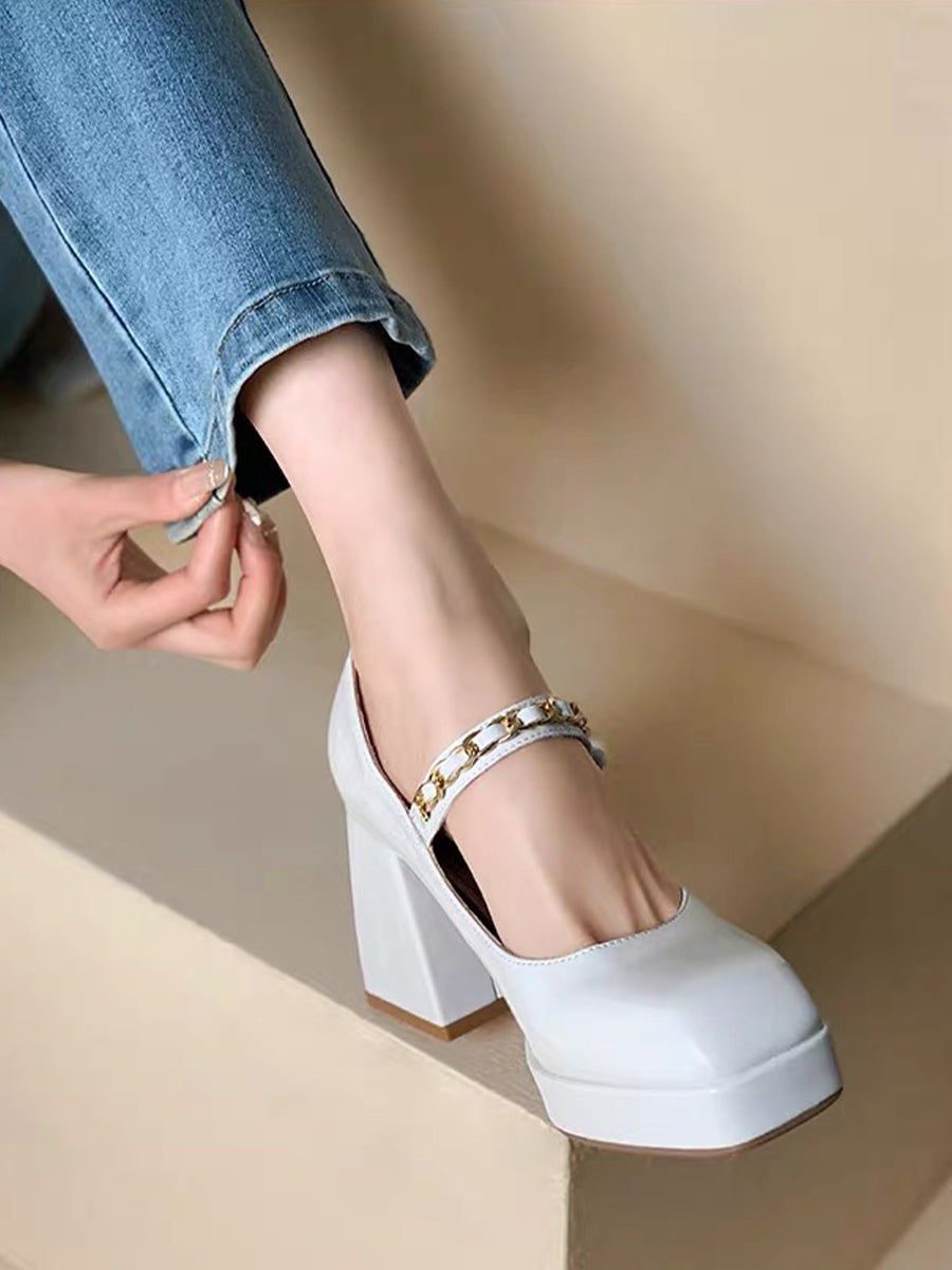 Metal Chain Pearl Chunky Heel Mary Jane Pumps