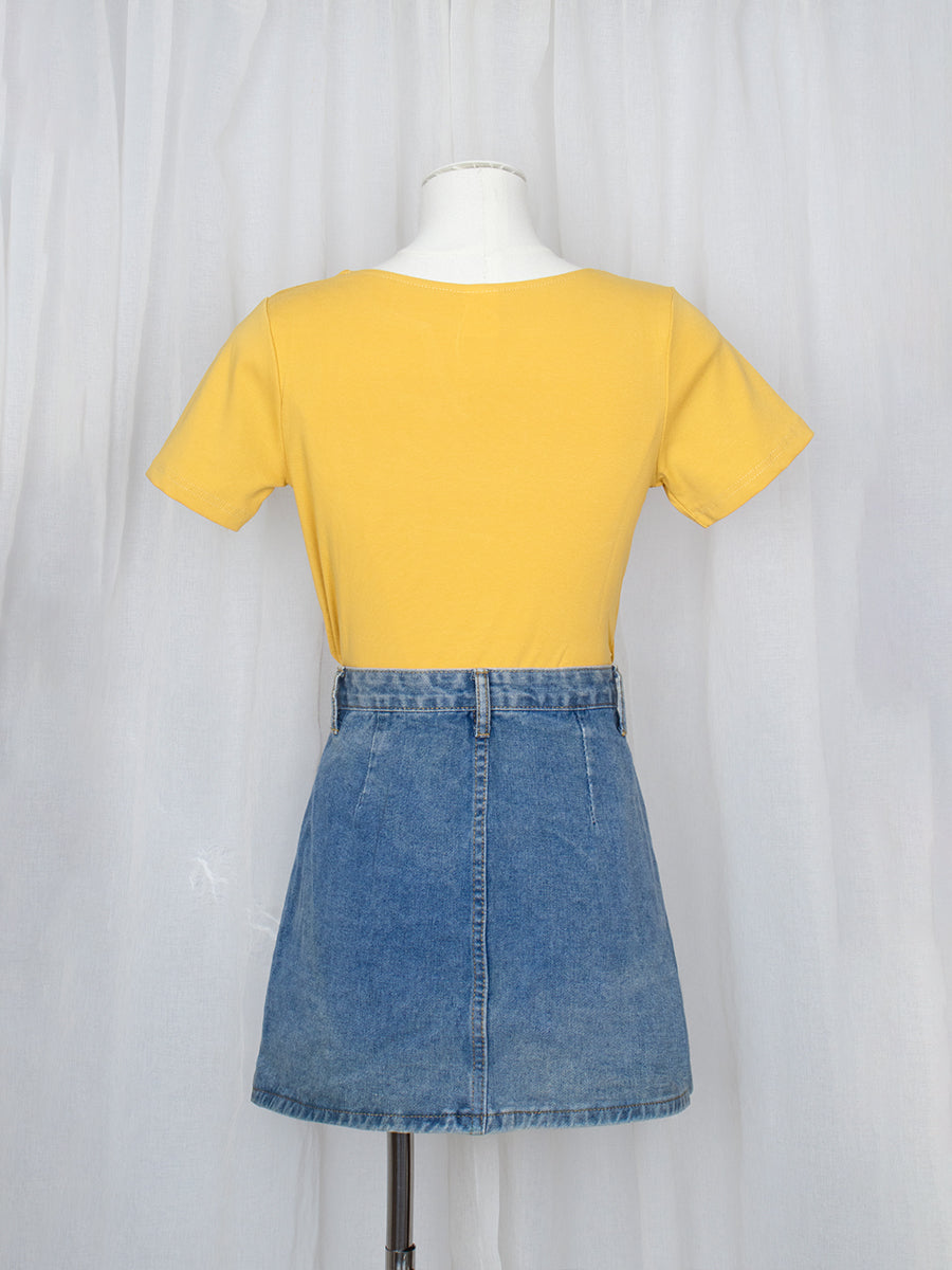 Multicolor Butterfly Embroidered Yellow Short Sleeve Blouse Crop Top with Accessories