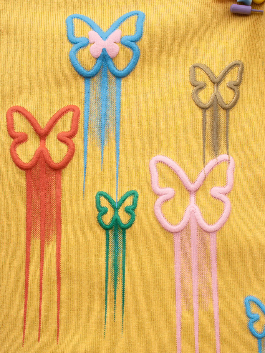 Multicolor Butterfly Embroidered Yellow Short Sleeve Blouse Crop Top with Accessories