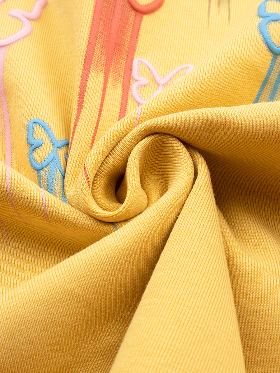Multicolor Butterfly Embroidered Yellow Short Sleeve Blouse Crop Top with Accessories