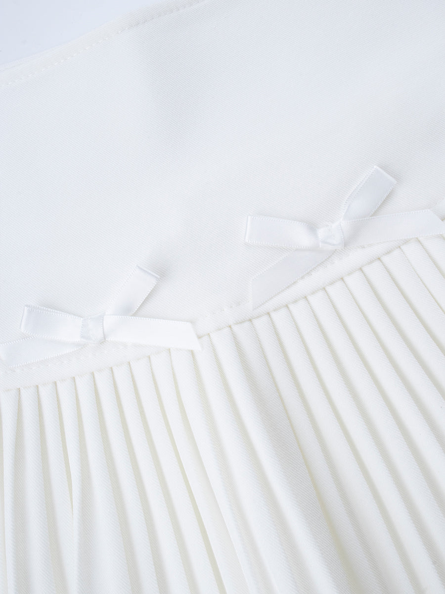 Solid Color Bow Pleated Skirt