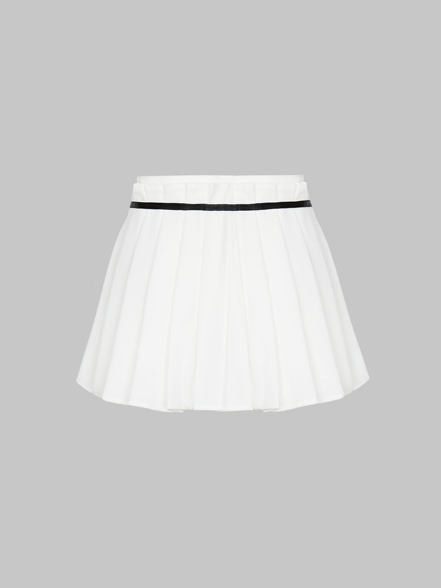Solid Color Fake Two Pieces Bow Pleated Skirt