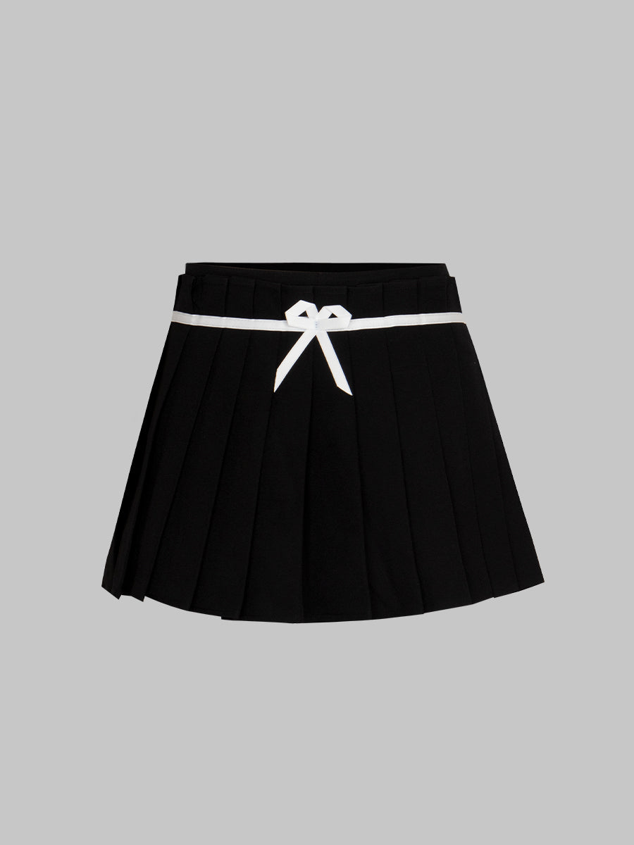 Solid Color Fake Two Pieces Bow Pleated Skirt