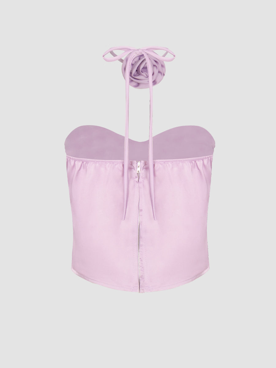 Silk Strapless Crop Top with Floral Choker + Pleated Skirt with Belt Two Piece Set