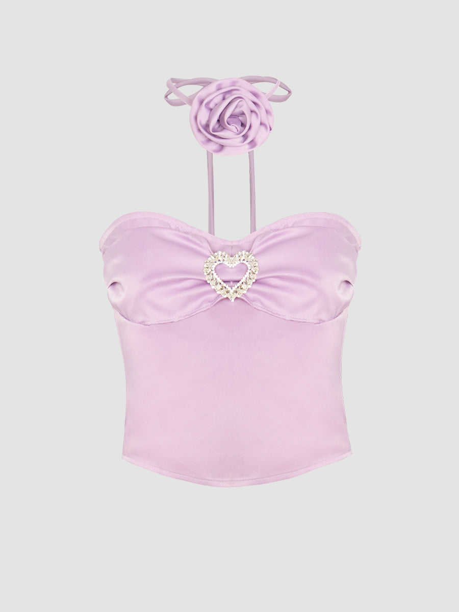 Silk Strapless Crop Top with Floral Choker + Pleated Skirt with Belt Two Piece Set