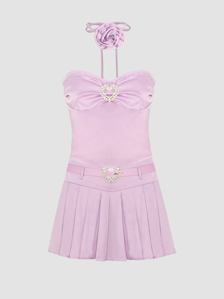 Silk Strapless Crop Top with Floral Choker + Pleated Skirt with Belt Two Piece Set